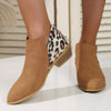 Leopard Point Toe Block Heels Boots - Brown