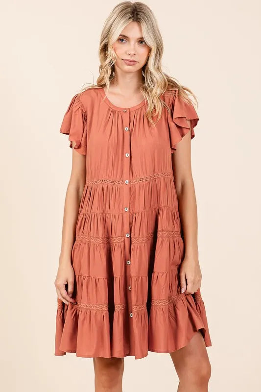 Mittoshop Lace Detail Ruffled Button Down Tiered Dress - Farnelli
