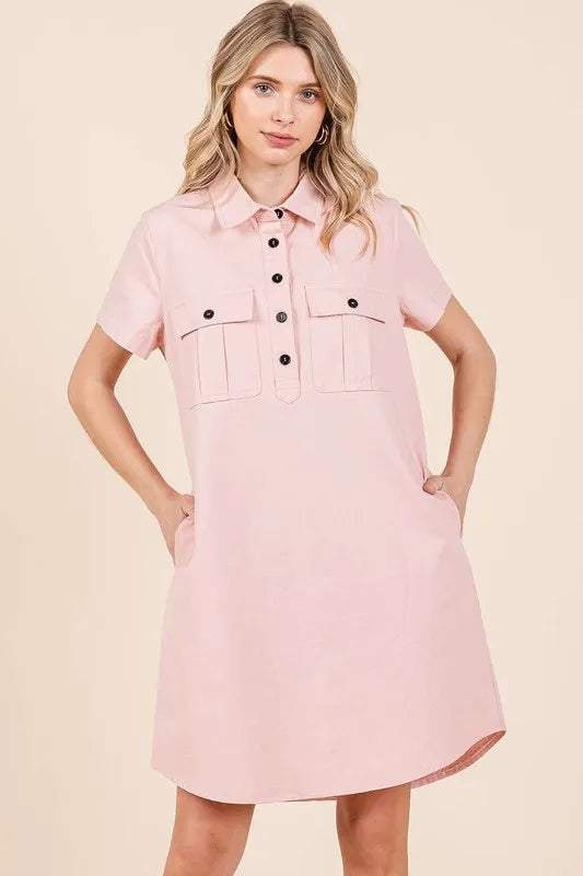 Mittoshop Button Detail Collared Neck Short Sleeve Shirt Dress - Farnelli