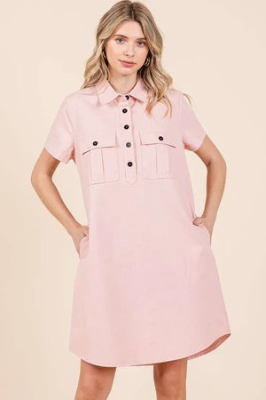 Mittoshop Button Detail Collared Neck Short Sleeve Shirt Dress - Farnelli