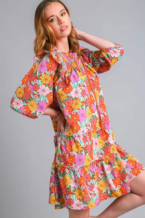 Umgee Full Size Ruffled Flower Print Tie Neck Tiered Dress Plus Size - Farnelli