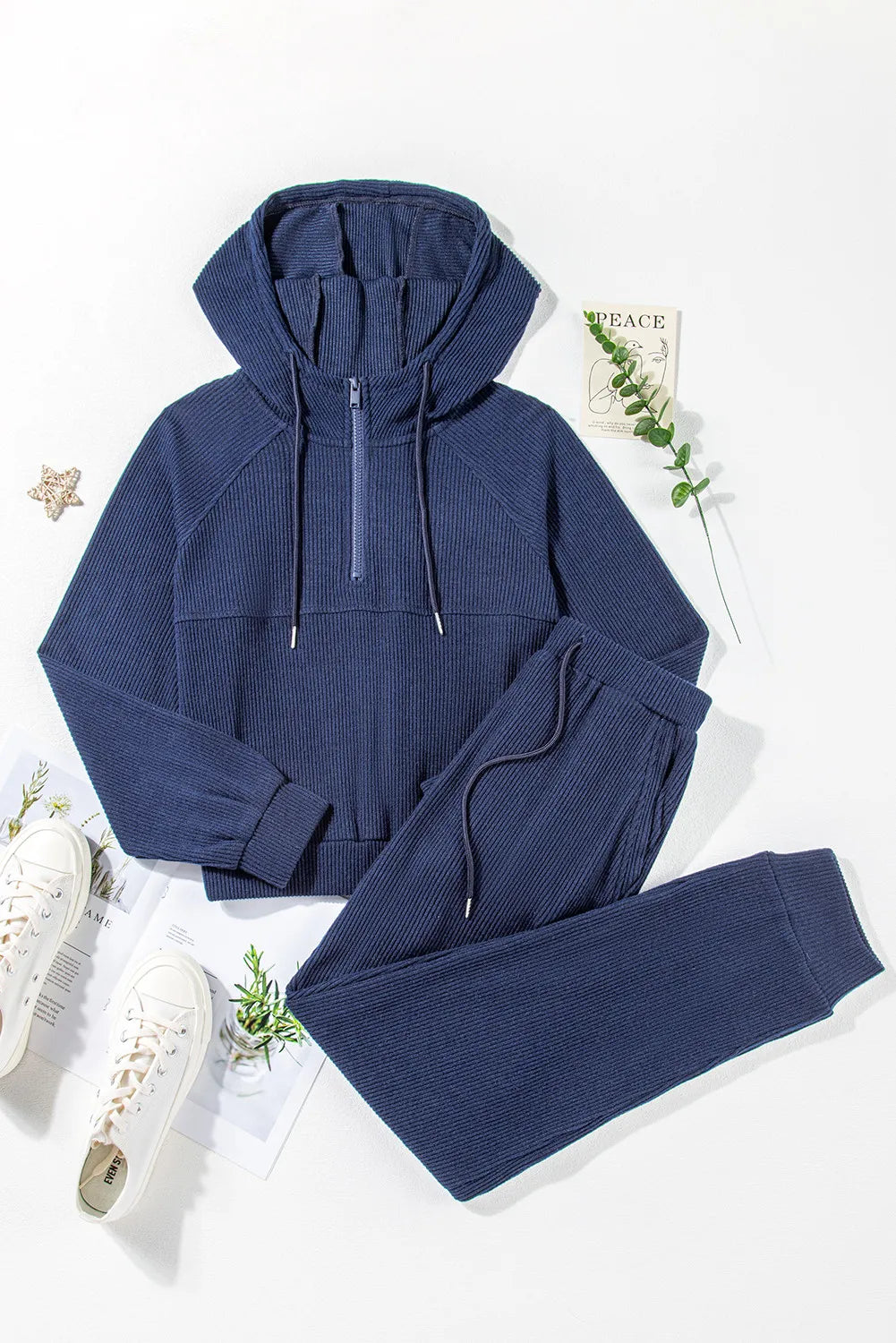 Drawstring Half Zip Hoodie and Joggers Active Set - Farnelli