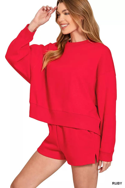 Zenana Fleece Round Neck Sweatshirt and Shorts Set - Farnelli