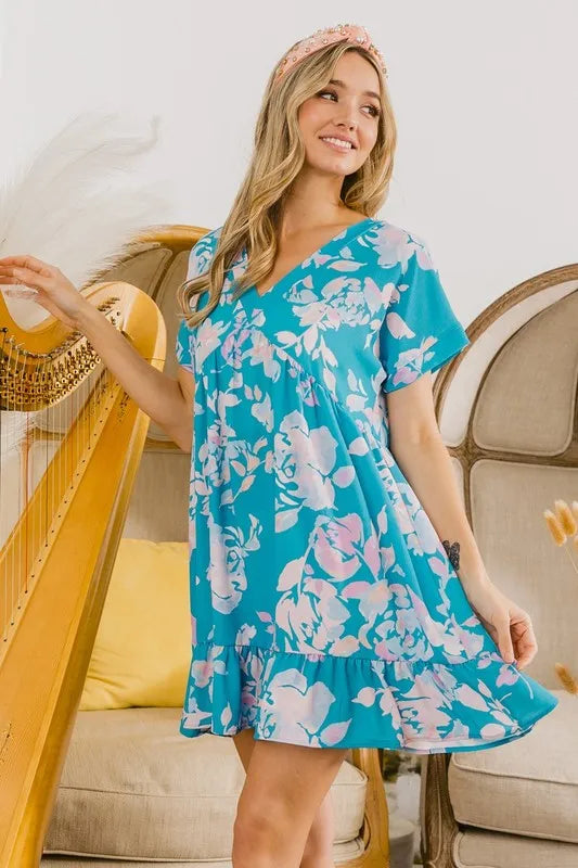 BiBi Floral Crinkle Shirred Ruffle Detail V Neck Dress - Farnelli