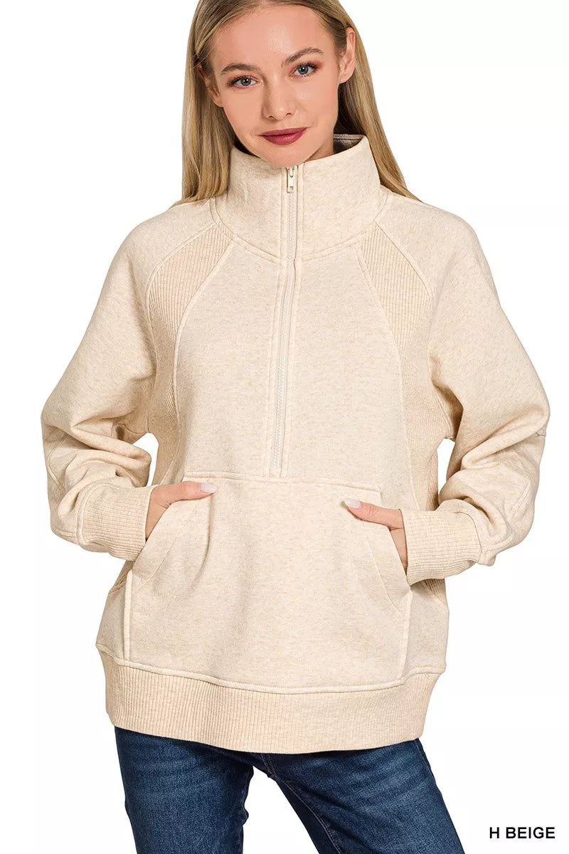 Zenana Half Zip Fleece Sweatshirt with kangaroo Pocket - Farnelli