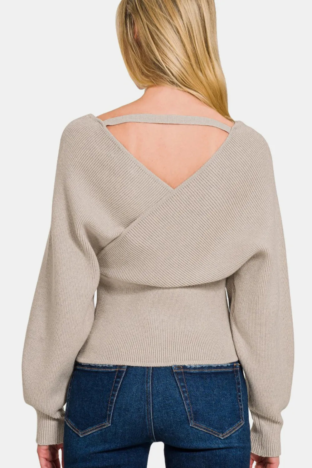 Zenana Cross Wrap Rib Long Sleeve Sweater - Farnelli