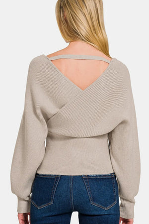 Zenana Cross Wrap Rib Long Sleeve Sweater - Farnelli