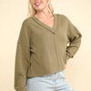 VERY J Exposed Seam V-Neck Ribbed Knit Top - Olive