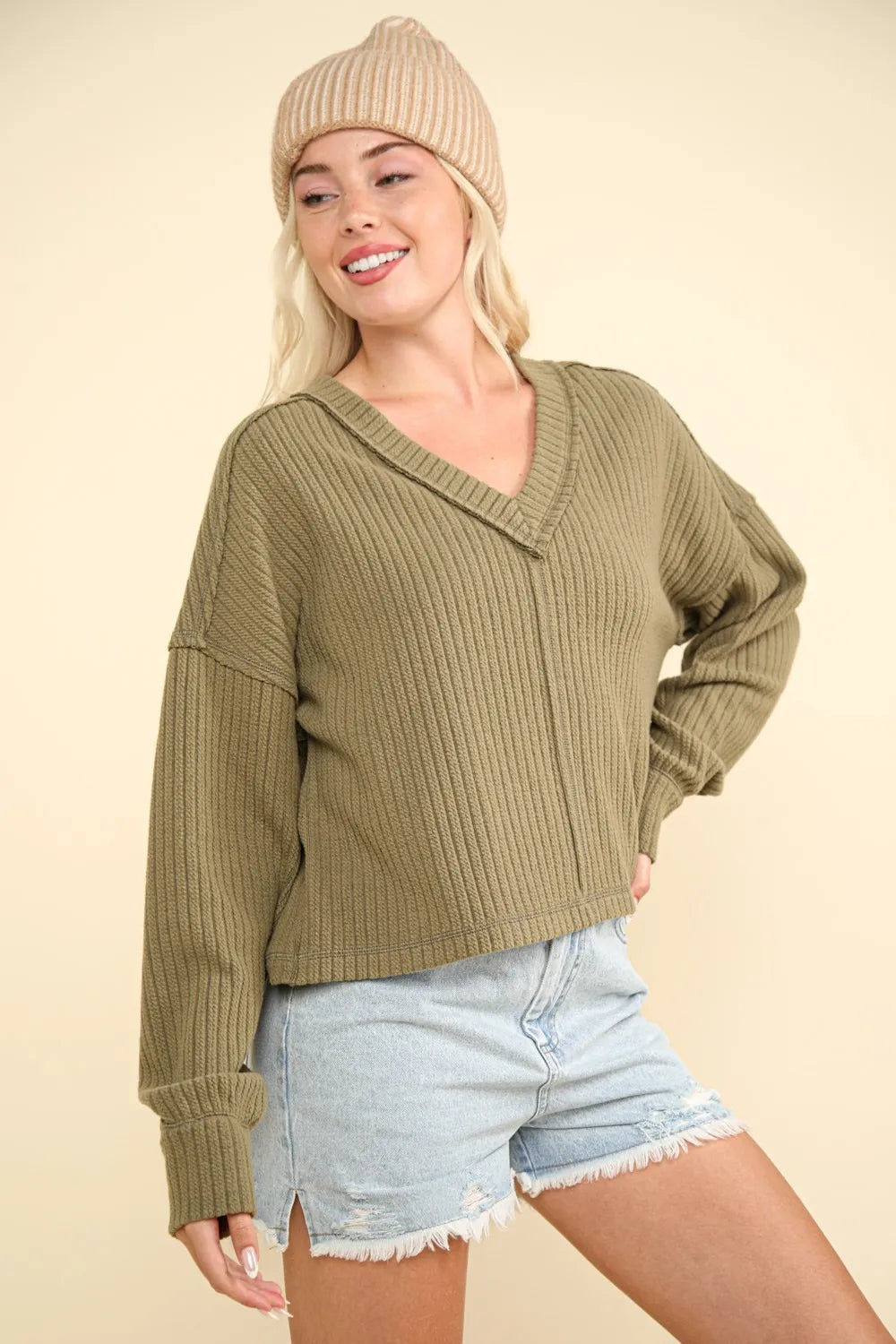VERY J Exposed Seam V-Neck Ribbed Knit Top - Farnelli