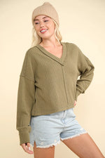 VERY J Exposed Seam V-Neck Ribbed Knit Top - Farnelli