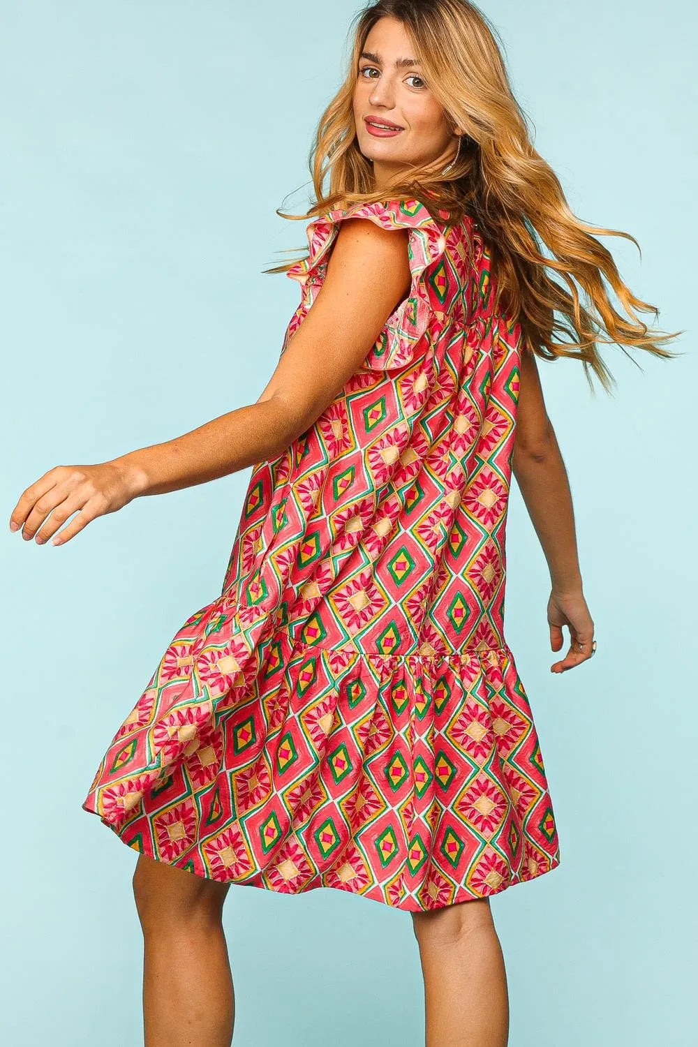 Haptics Full Size Ruffled Printed Dress with Side Pockets - Farnelli
