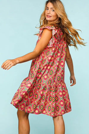 Haptics Full Size Ruffled Printed Dress with Side Pockets - Farnelli