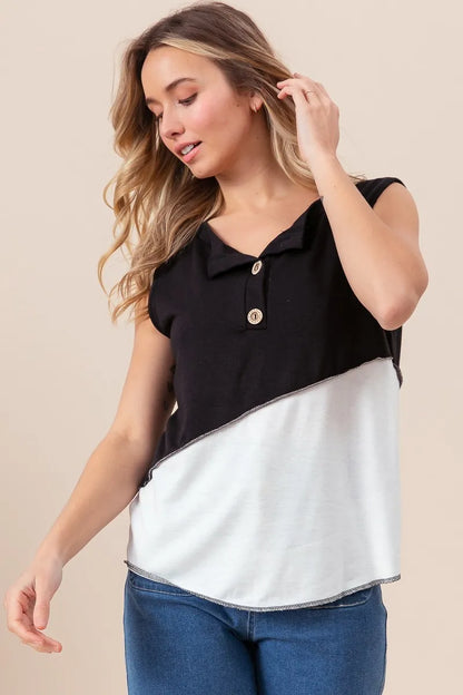BiBi Color Block Contrast Stitching Buttoned Henley Top - Farnelli