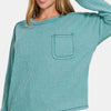 Zenana Full Size Contrast Stitching Brushed Ribbed Hacci Knit Top Plu Size - Teal