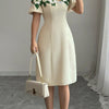 Floral Embroidered Puff Sleeve Dress with Mesh Shoulder - Cream