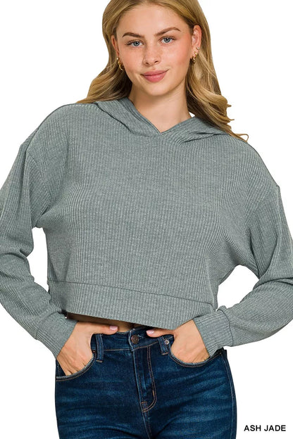 Zenana Drop Shoulder Ribbed Crop Hoodie - Farnelli