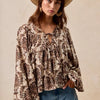 BiBi Printed Woven Front Tied Blouse with Baloon Sleeve - TAN/BROWN