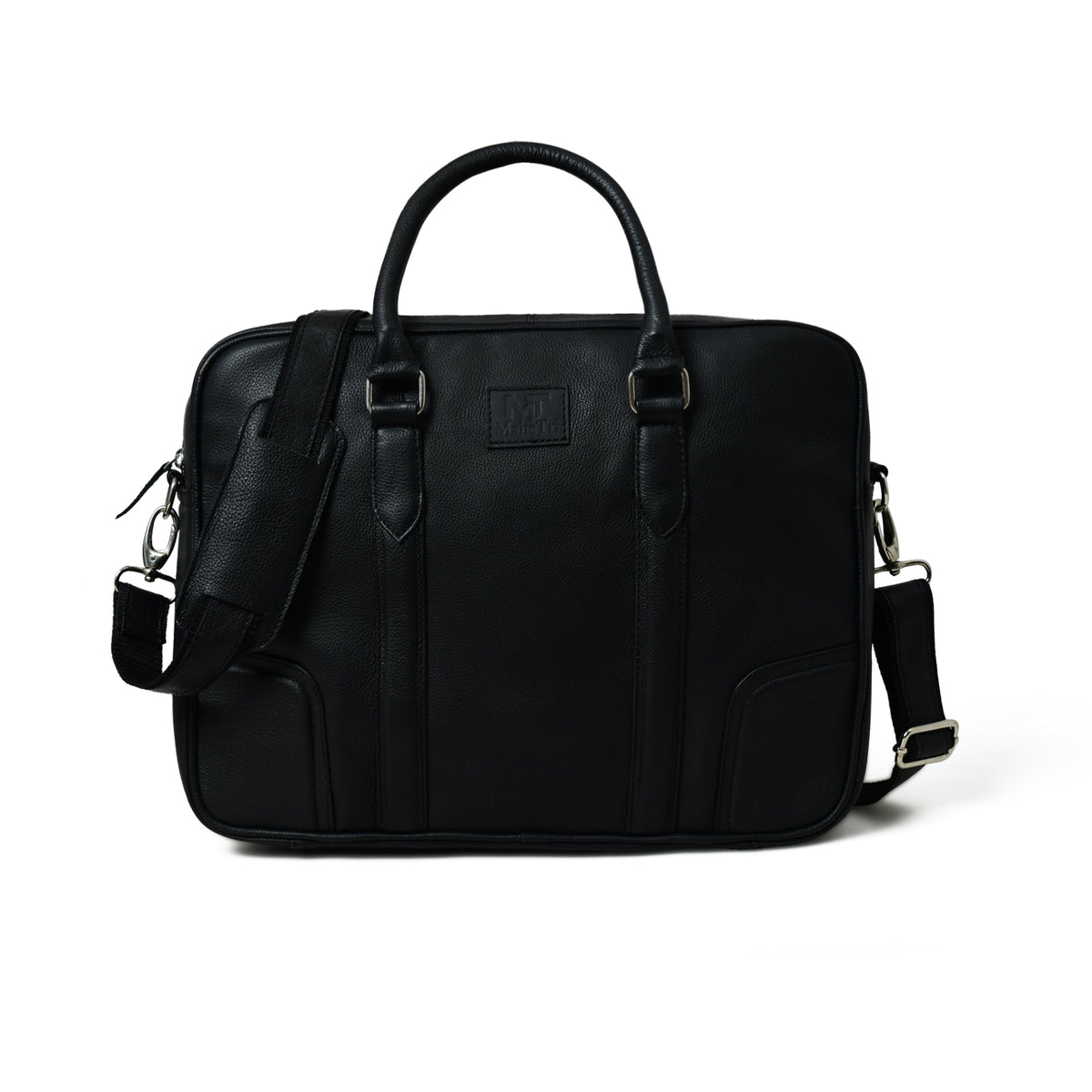 Black leather briefcase from Classy Leather Bags with sturdy handles and secure front buckle, ideal for professional use.
