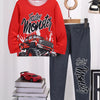 Children's Graphic Round Neck Top and Pants Set - Red