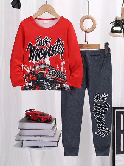 Children's Graphic Round Neck Top and Pants Set - Farnelli