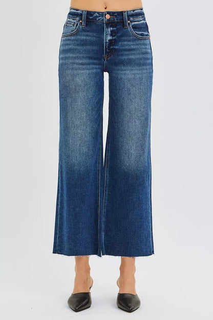 RISEN Full Size Mid Rise Crop Wide Raw Cut Hem Jeans Plus Size - Farnelli