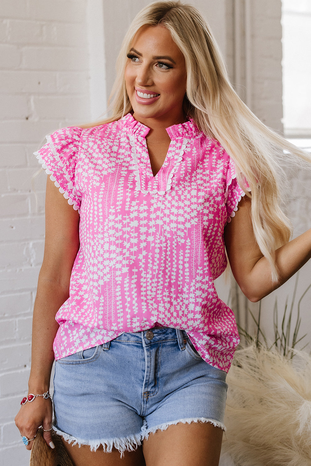 Cynthia Ric Rac Trim Flutter Sleeve Notch V Neck Blouse - Farnelli