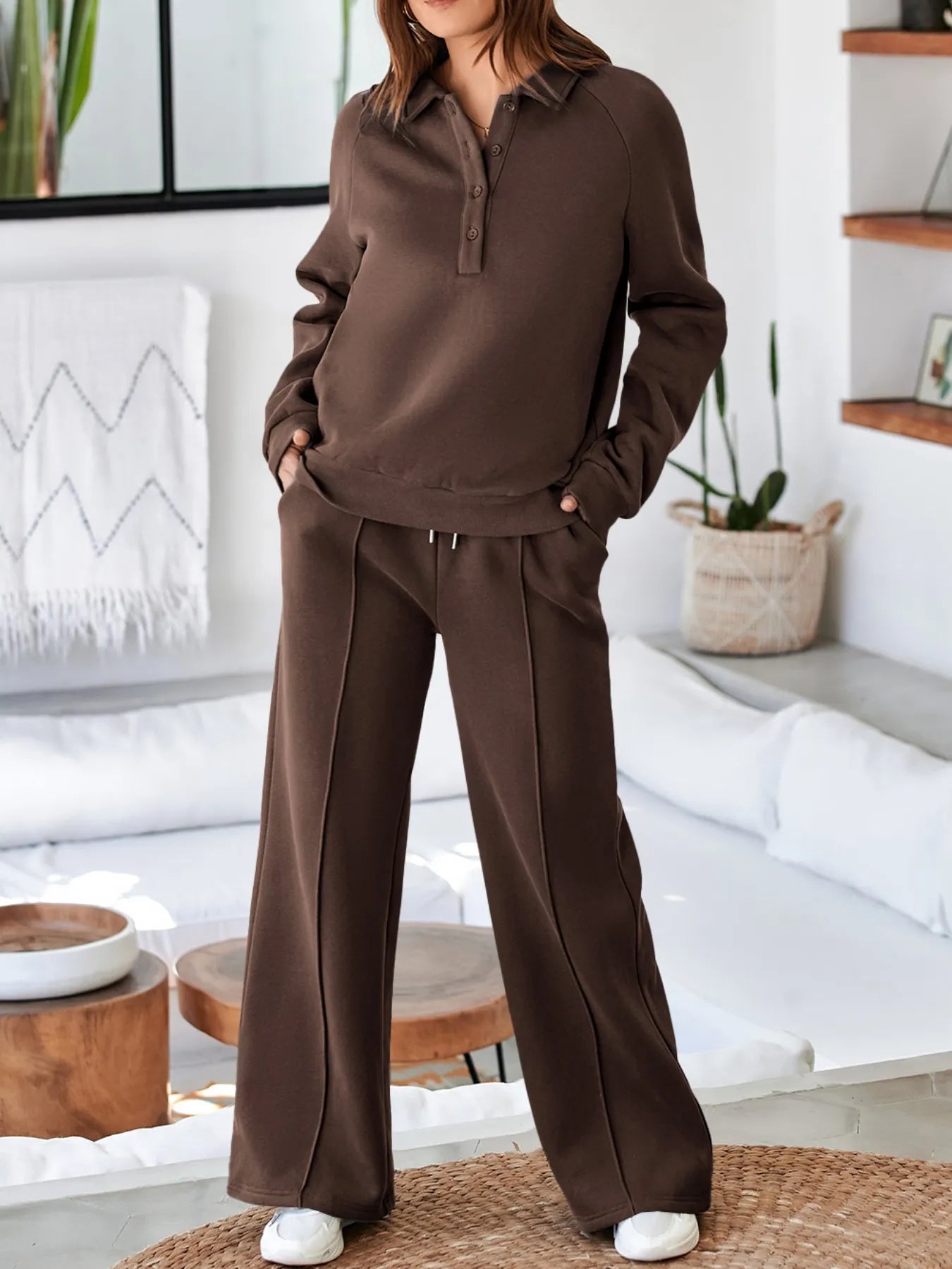 Collared Sweatshirt and High Waist Pants Active Set - Farnelli