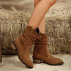 Suede Western Block Heel Ankle Boots - Dark Brown