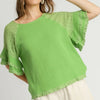 Umgee Full Size Cotton Gauze Round Neck Ruffle Eyelet Layered Sleeve Blouse Plus Size - Lime