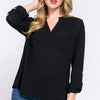 ACTIVE BASIC Full Size Notched Long Sleeve Woven Top - Black