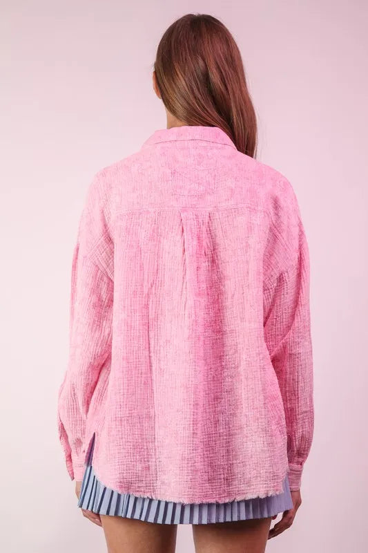 VERY J Full Size Mineral Washed Gauze Shirt Top Plus Size - Farnelli