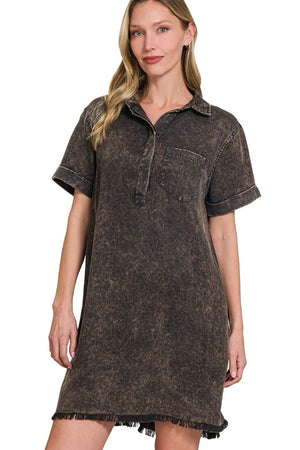 Zenana Tencel Mineral Washed Collared Shirts Dress - Farnelli