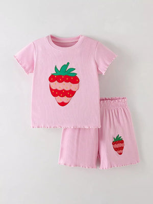Children's Strawberry Round Neck Tee and Shorts Set - Farnelli