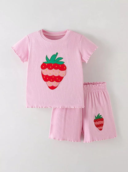 Children's Strawberry Round Neck Tee and Shorts Set - Farnelli