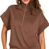 Zenana Full Size Scuba High Neck Half Zip Short Sleeve Top Plus Size - BROWN