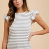 Annie Wear Ruffled Striped Round Neck Cap Sleeve Knit Top - Light Gray