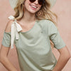 BiBi Tied Ribbon One Shoulder Short Sleeve T-Shirt - Sage/Cream