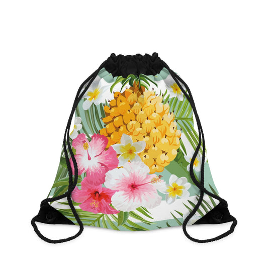 Tropical Drawstring Bag for Beach Days, Gym, Travel; Floral Pineapple & Hibiscus Design, Summer Vibes, Gift for Her, Eco-Friendly