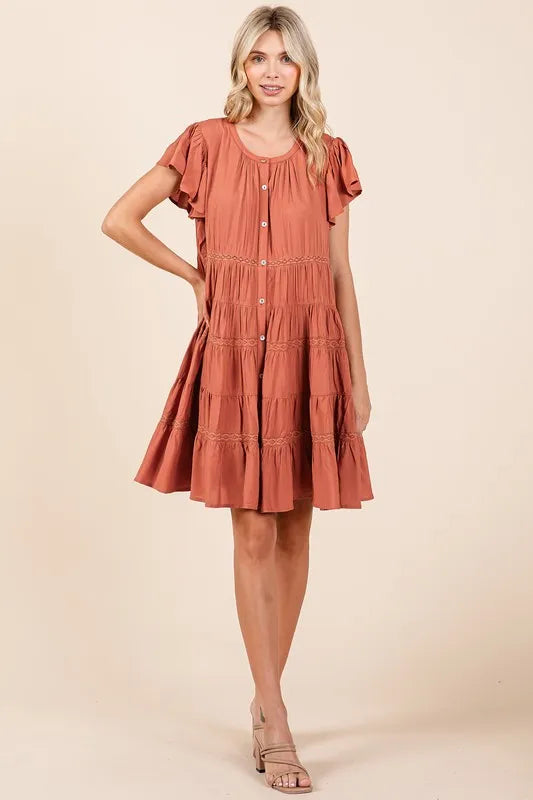 Mittoshop Lace Detail Ruffled Button Down Tiered Dress - Farnelli