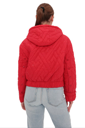 Red studded light demi-season hooded cropped jacket by Alaska® Outerwear Company, featuring a stylish and edgy design.