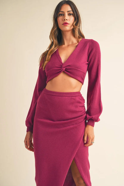 MABLE Front Twisted Knit Top and Midi Skirt Set - Farnelli