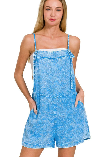 Zenana Washed Linen Knot Strap Rompers - Farnelli