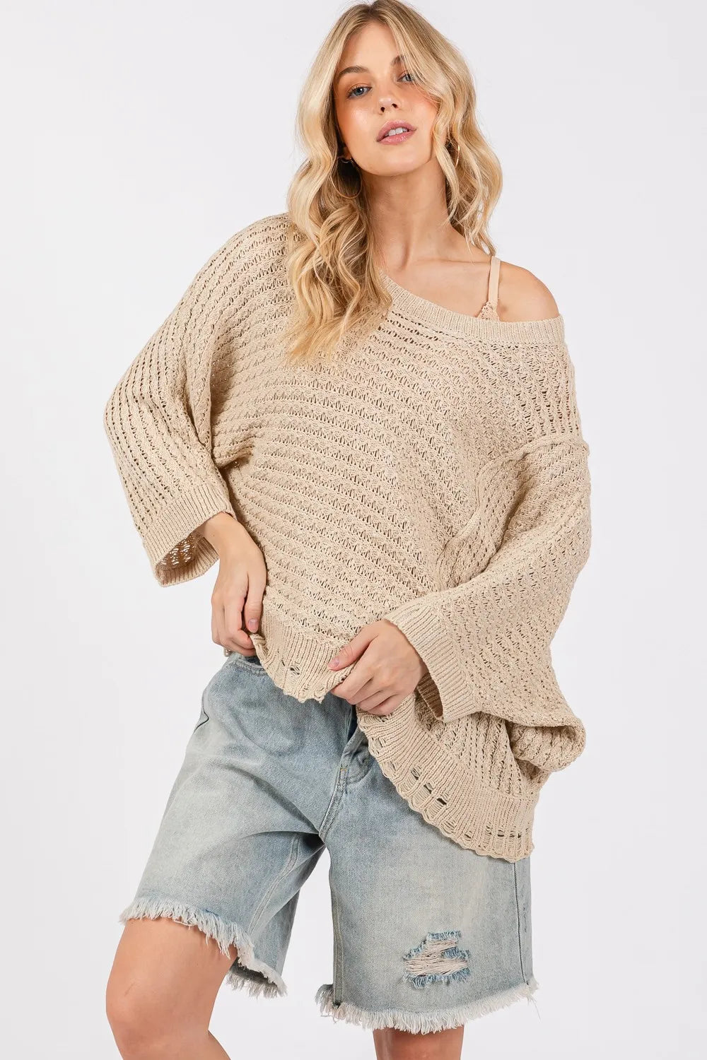 SAGE + FIG Distressed Asymmetrical Open Stitch Sweater - Farnelli