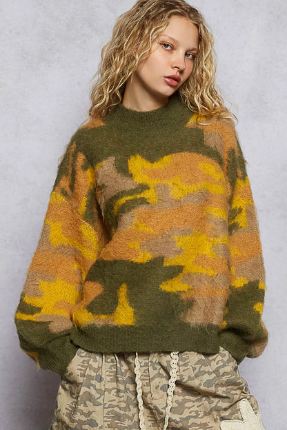POL Mock Neck Abstract Colorblock Pattern Sweater - Farnelli