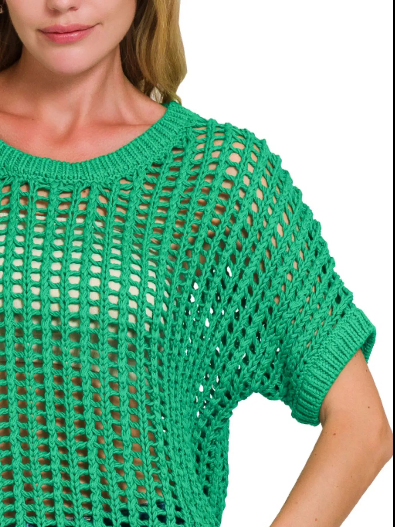 Zenana Fish Net Short Sleeve Crochet Knit Cover Up - Farnelli