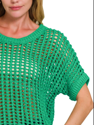 Zenana Fish Net Short Sleeve Crochet Knit Cover Up - Farnelli