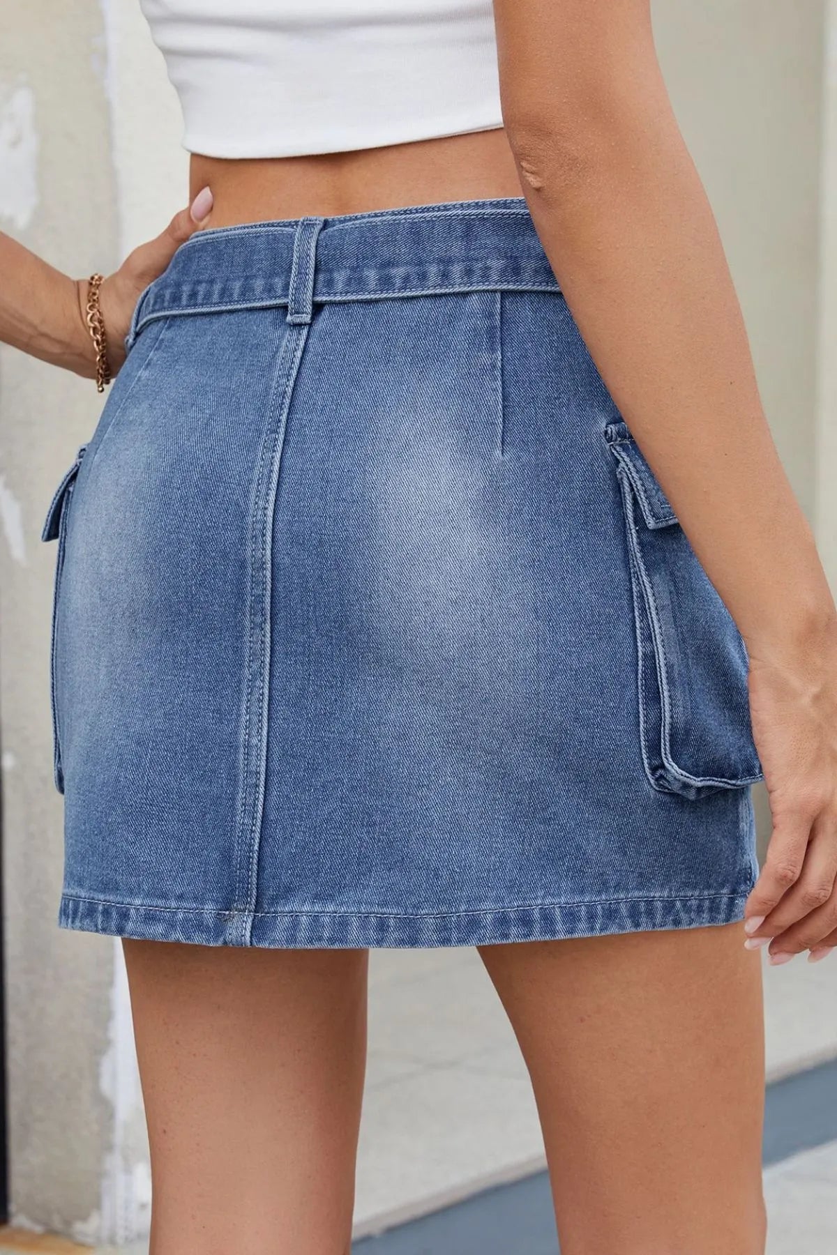 Criss-Cross Waist Detail Denim Mini Skirt - Farnelli