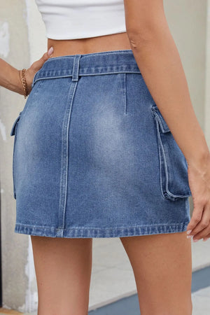 Criss-Cross Waist Detail Denim Mini Skirt - Farnelli