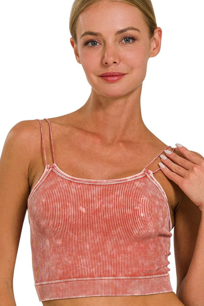 Zenana Washed Ribbed Seamless Double Strap Brami - Farnelli