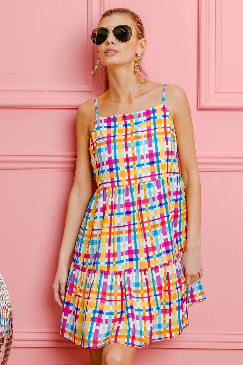 BiBi Multi Colors Plaid Sleeveless Sun Dress - Farnelli